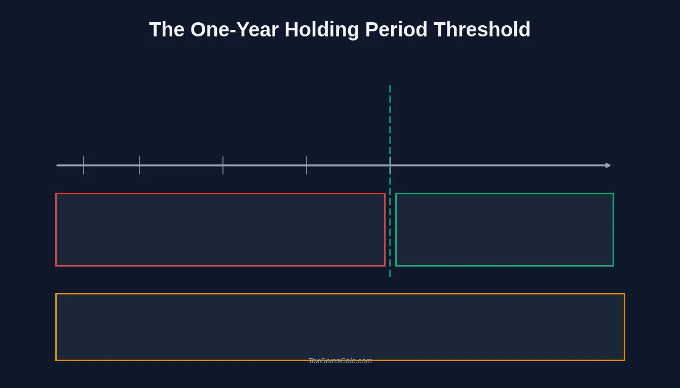 Holding period calendar showing the one-year threshold for long-term treatment
